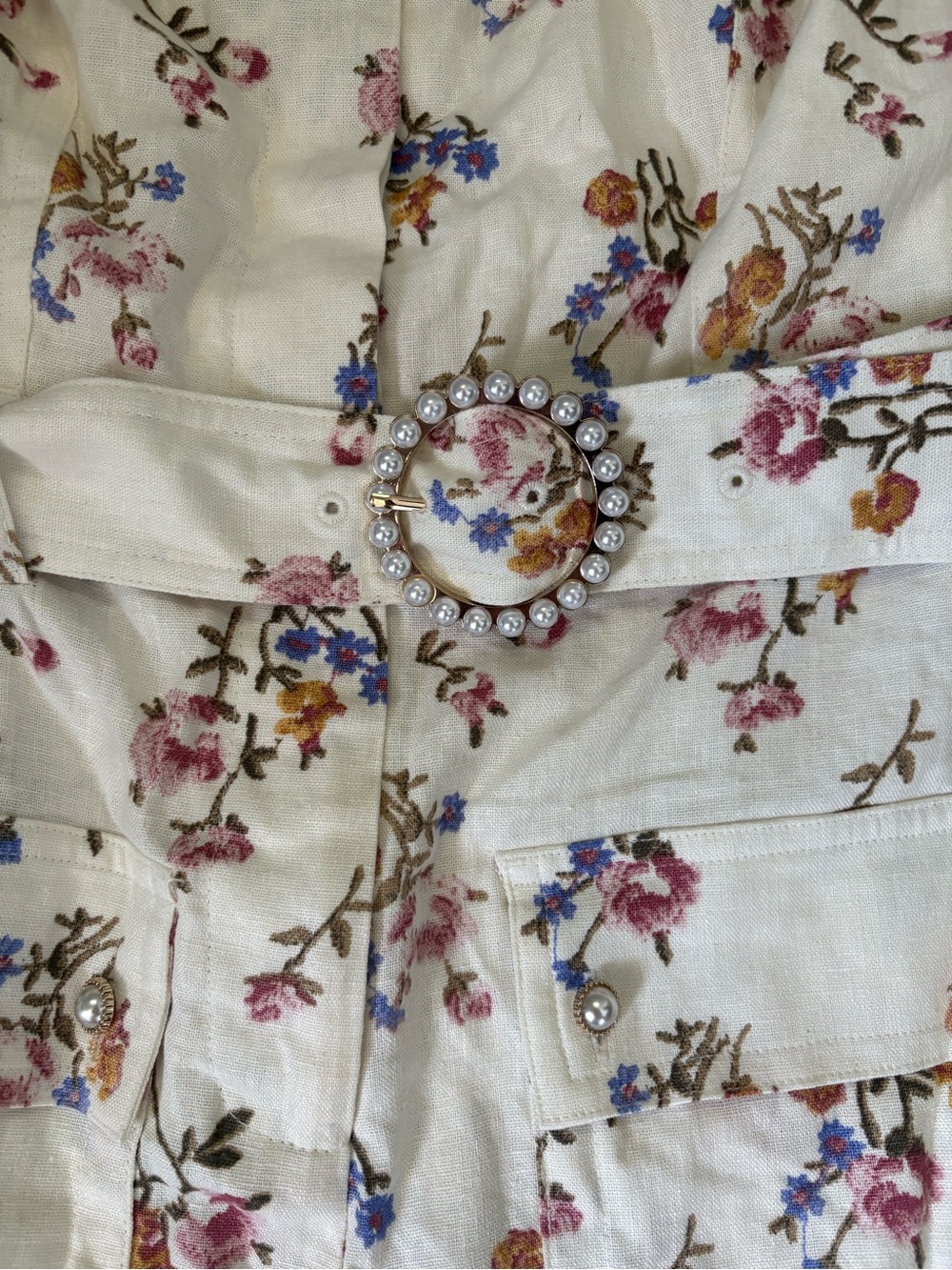 House of Harlow 1960 cream linen blend floral romper pearl embellished belt sz 4 - Picture 3 of 13
